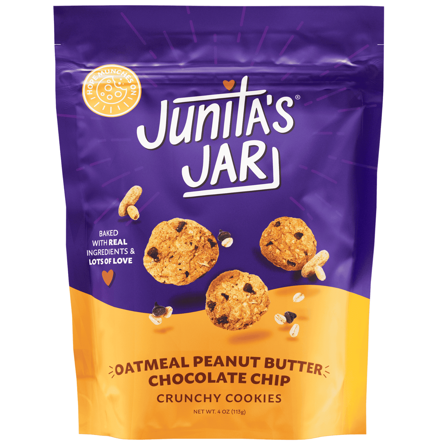 Junita's Jar Oatmeal Peanut Butter Chocolate Chip Crunchy Cookies in a purple bag, showcasing gourmet cookies.