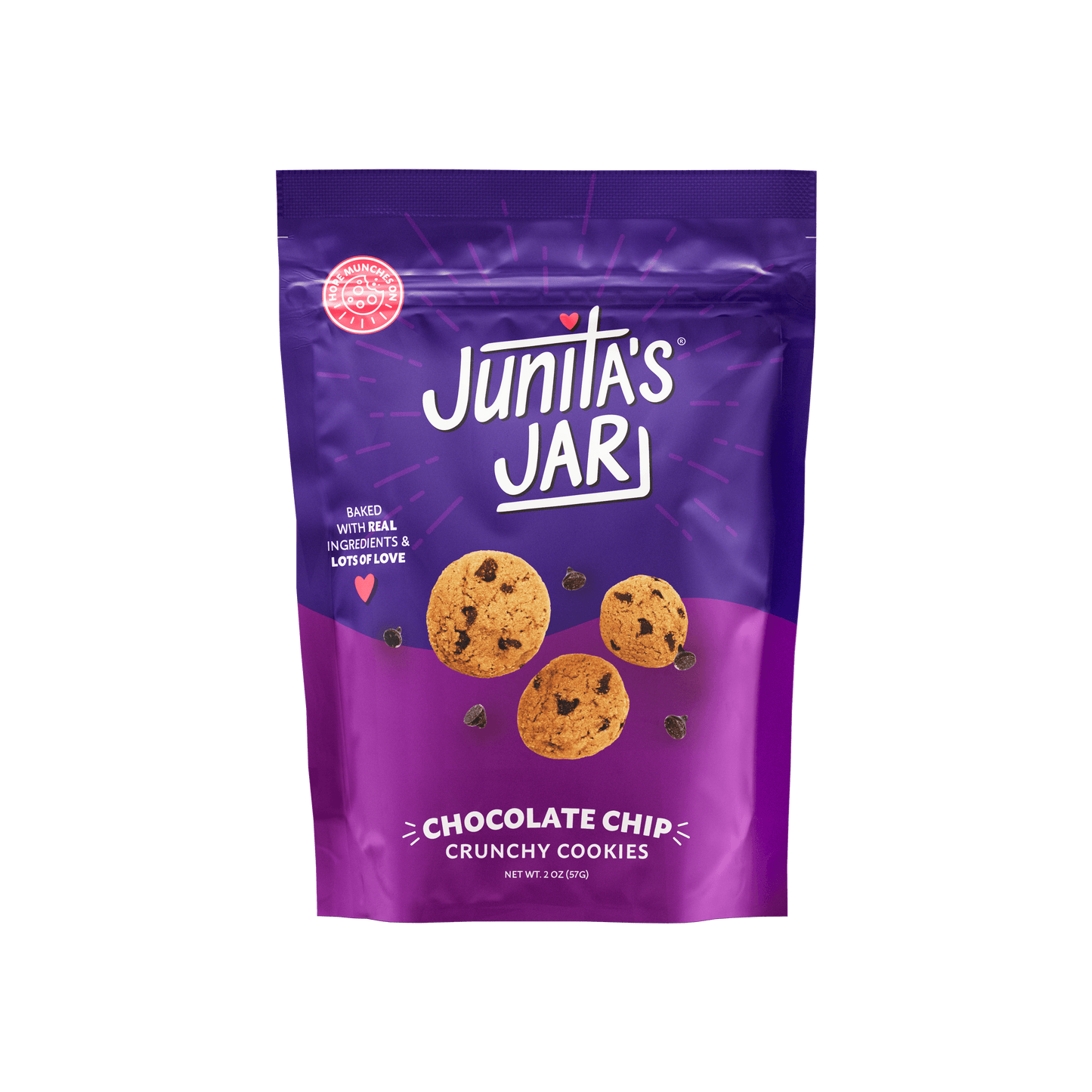 Junita's Jar Chocolate Chip Crunchy Cookies in a purple bag, showcasing gourmet cookies.