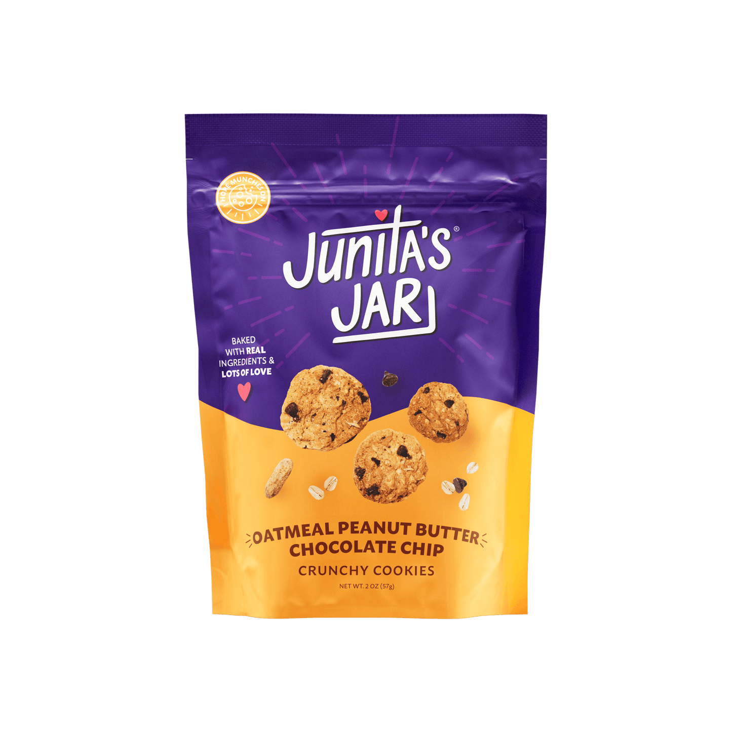 Junita's Jar Oatmeal Peanut Butter Chocolate Chip Crunchy Cookies in a purple bag, showcasing gourmet cookies.