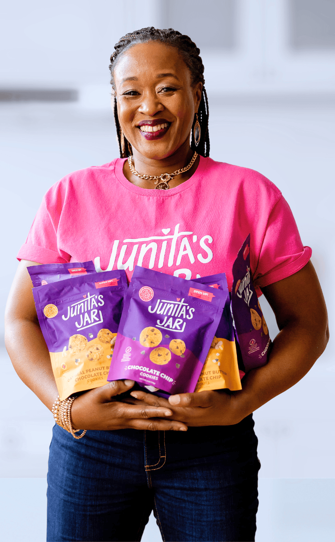 Junita's Jar Chocolate Chip & Oatmeal Peanut Butter Chocolate Chip Cookies packaging, showcasing artisan cookies and social mission.