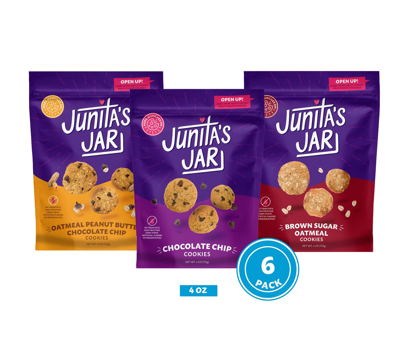 Junita's Jar 6-pack variety: Oatmeal Peanut Butter Chocolate Chip, Chocolate Chip, and Brown Sugar Oatmeal Cookies.